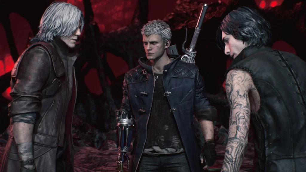 Dante, Nero, and V from Devil May Cry 5 with Netflix anime in background
