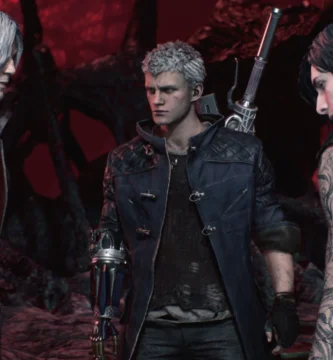 Dante, Nero, and V from Devil May Cry 5 with Netflix anime in background