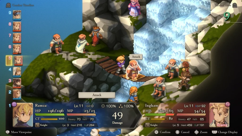 Screenshot of Final Fantasy Tactics: The Ivalice Chronicles remaster showcasing grid-based battle scene