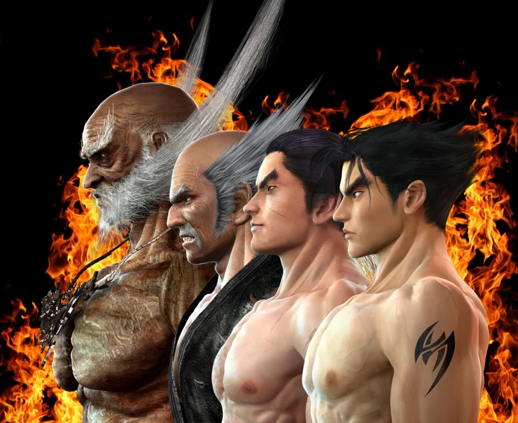 Heihachi Mishima with lightning background and silhouettes of his children in Tekken lore