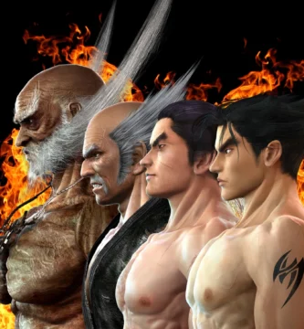 Heihachi Mishima with lightning background and silhouettes of his children in Tekken lore