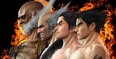 Heihachi Mishima with lightning background and silhouettes of his children in Tekken lore