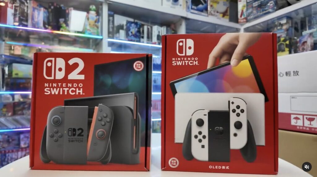 Nintendo Switch 2 packaging next to original Switch box in retail store