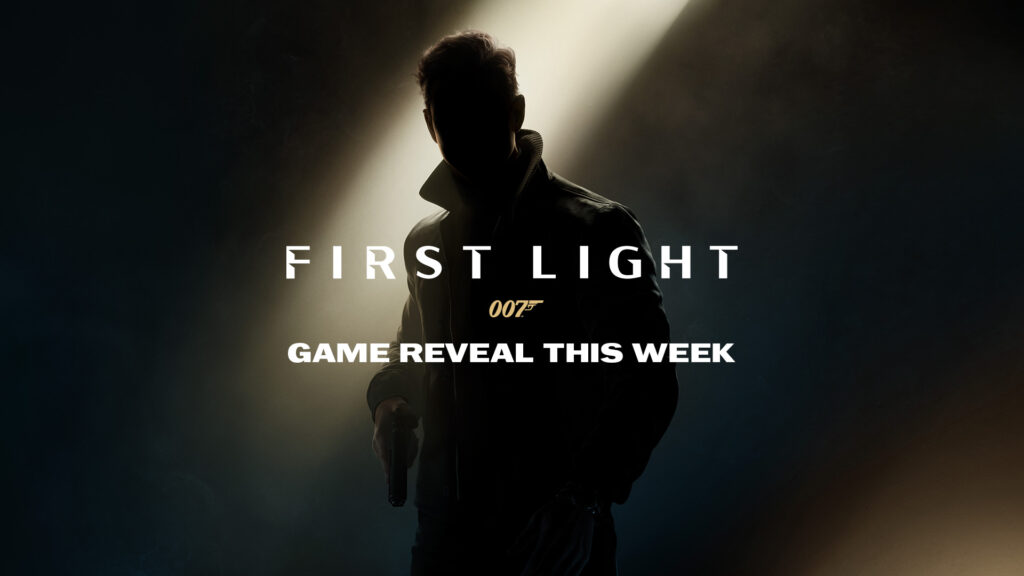 Teaser image of 007 First Light showing mysterious spy character with gun and iconic 007 logo