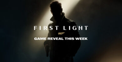 Teaser image of 007 First Light showing mysterious spy character with gun and iconic 007 logo
