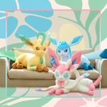 Life-sized plush toys of Glaceon, Leafeon, and Sylveon from Pokémon Center's Year of Eevee collection
