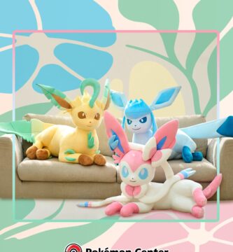 Life-sized plush toys of Glaceon, Leafeon, and Sylveon from Pokémon Center's Year of Eevee collection