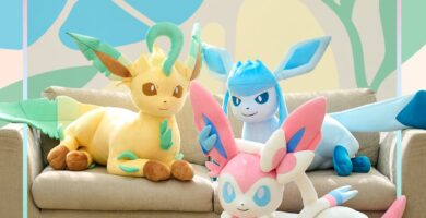 Life-sized plush toys of Glaceon, Leafeon, and Sylveon from Pokémon Center's Year of Eevee collection