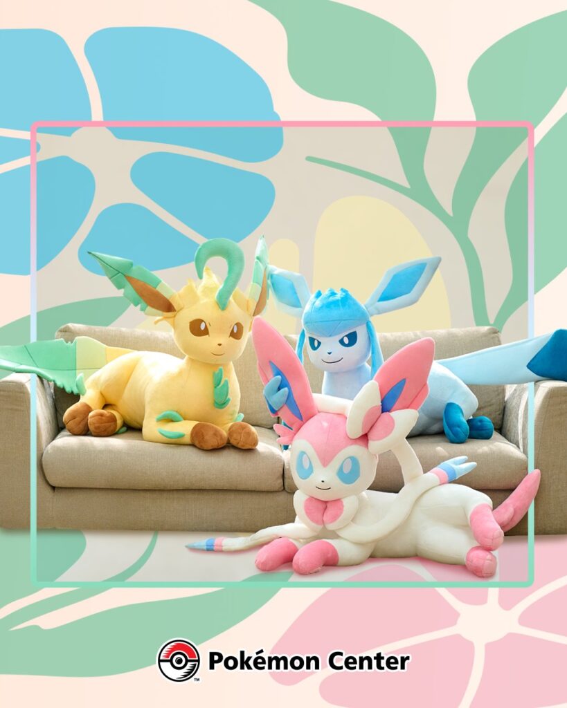Life-sized plush toys of Glaceon, Leafeon, and Sylveon from Pokémon Center's Year of Eevee collection