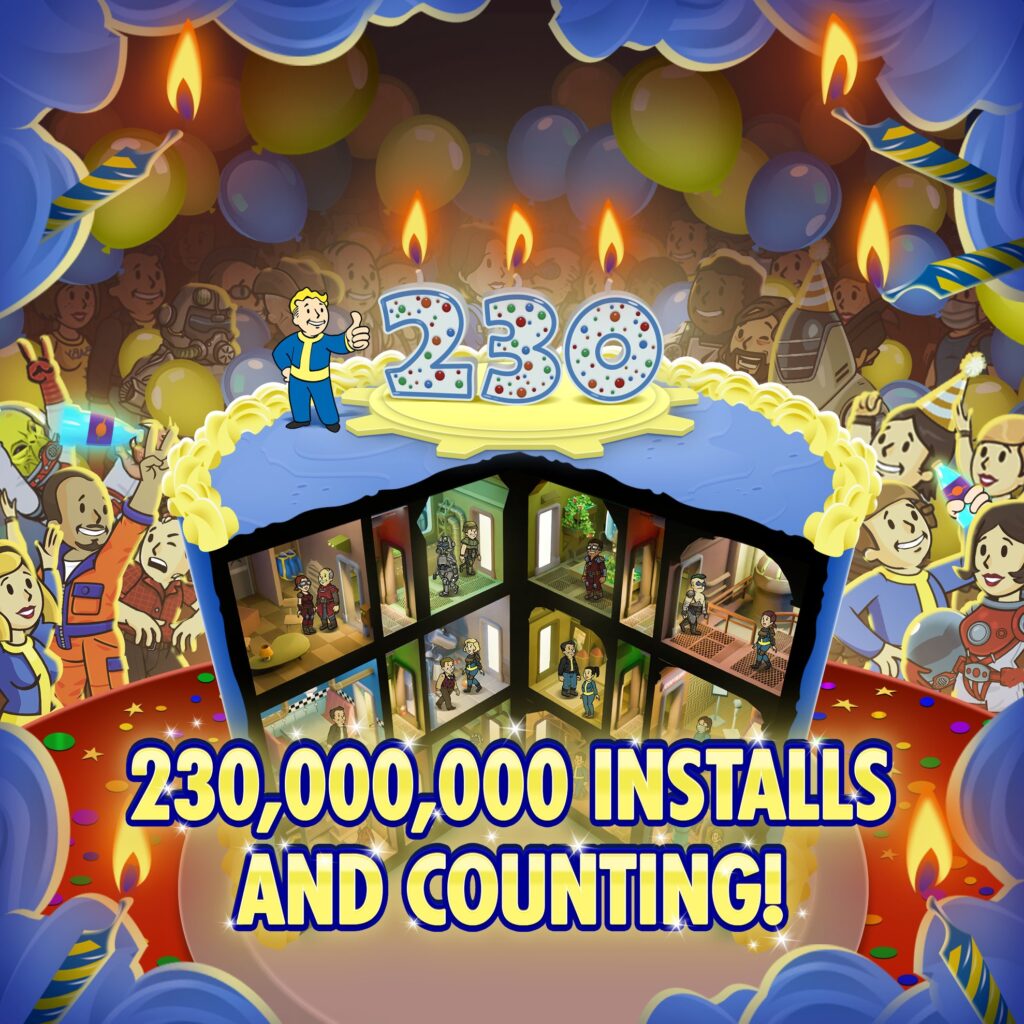 Fallout Shelter 10th anniversary artwork featuring Vault Boy and party decorations