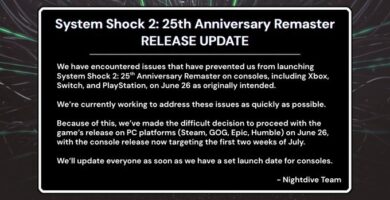 System Shock 2: 25th Anniversary Remaster console release delayed announcement image from Nightdive Studios