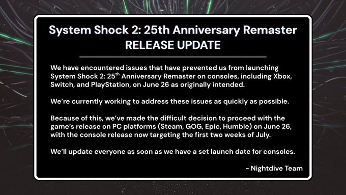 System Shock 2: 25th Anniversary Remaster console release delayed announcement image from Nightdive Studios