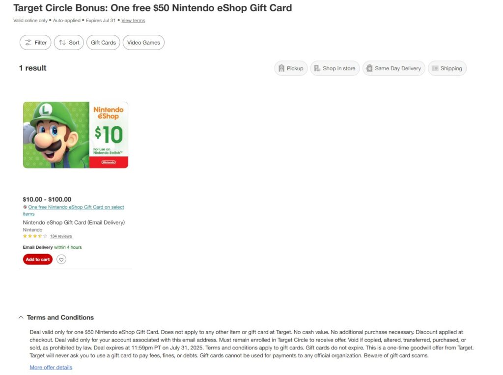 Email showing $50 Nintendo eShop card compensation for late Nintendo Switch 2 delivery from Target