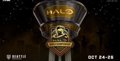 Halo World Championship stage with Halo Studios logo and Master Chief silhouette
