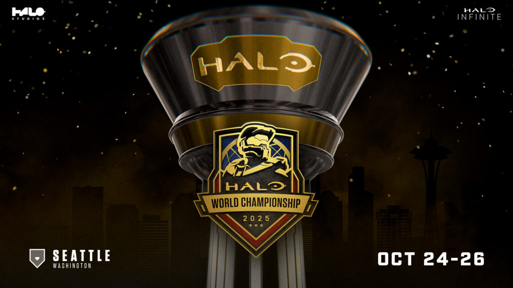 Halo World Championship stage with Halo Studios logo and Master Chief silhouette
