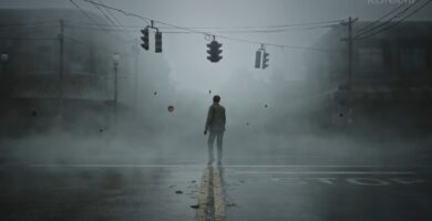 Screenshot from Silent Hill 2 Remake showing James Sunderland in a foggy town