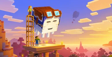 Minecraft Happy Ghast flying with player above clouds in Chase the Skies update