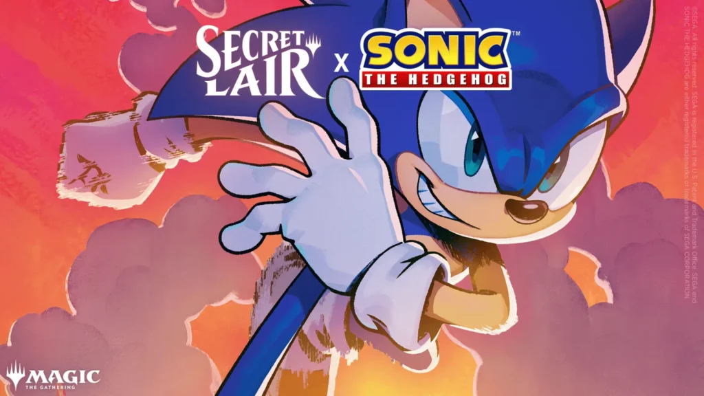 Sonic the Hedgehog Secret Lair Magic the Gathering cards featuring reprints like Swiftfoot Boots as Air Shoes.