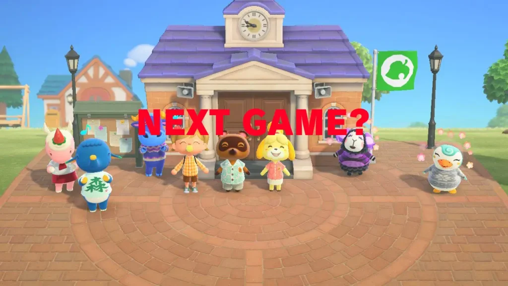 Animal Crossing villagers standing near a bulletin board, with 'Next Game?' text overlay