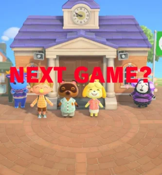 Animal Crossing villagers standing near a bulletin board, with 'Next Game?' text overlay