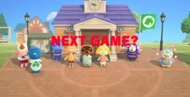 Animal Crossing villagers standing near a bulletin board, with 'Next Game?' text overlay