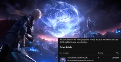 Elden Ring Nightreign promotional artwork with refunds notification overlay
