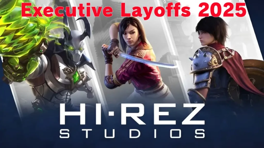 Hi-Rez Studios headquarters with Smite 2 logo and overlay text “Executive Layoffs 2025”