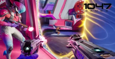 1047 Games logo with Splitgate 2 gameplay montage in background