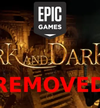 Dark and Darker game artwork with Epic Games Store logo and removal warning