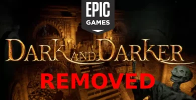 Dark and Darker game artwork with Epic Games Store logo and removal warning