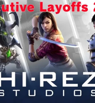 Hi-Rez Studios headquarters with Smite 2 logo and overlay text “Executive Layoffs 2025”
