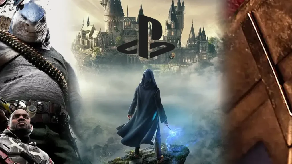 PlayStation logo with Mortal Kombat, DC, and Harry Potter characters in the background