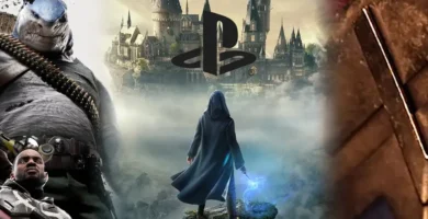 PlayStation logo with Mortal Kombat, DC, and Harry Potter characters in the background