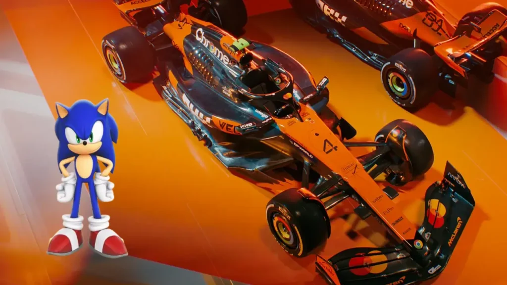 Sonic the Hedgehog alongside McLaren Formula 1 race car in Sega's 2025 racing collaboration