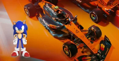 Sonic the Hedgehog alongside McLaren Formula 1 race car in Sega's 2025 racing collaboration