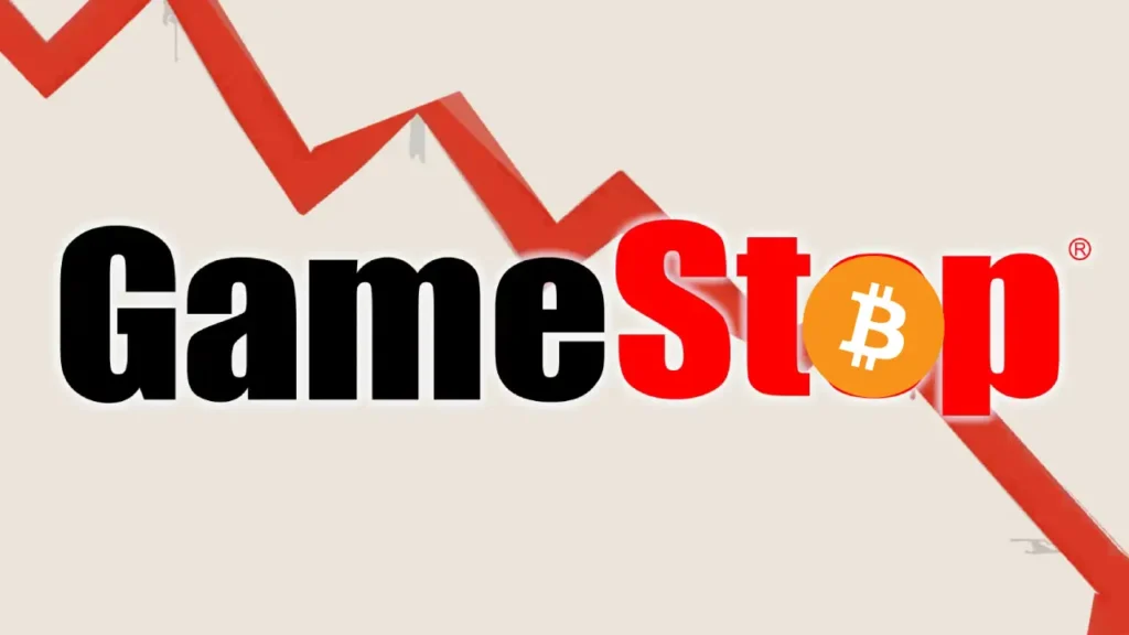 GameStop stock price chart showing a sharp decline after $500 million Bitcoin purchase announcement