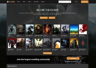 Nexus Mods homepage screenshot showcasing top game mods and community tools.