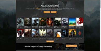Nexus Mods homepage screenshot showcasing top game mods and community tools.