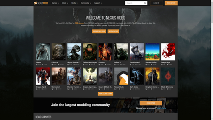 Nexus Mods homepage screenshot showcasing top game mods and community tools.