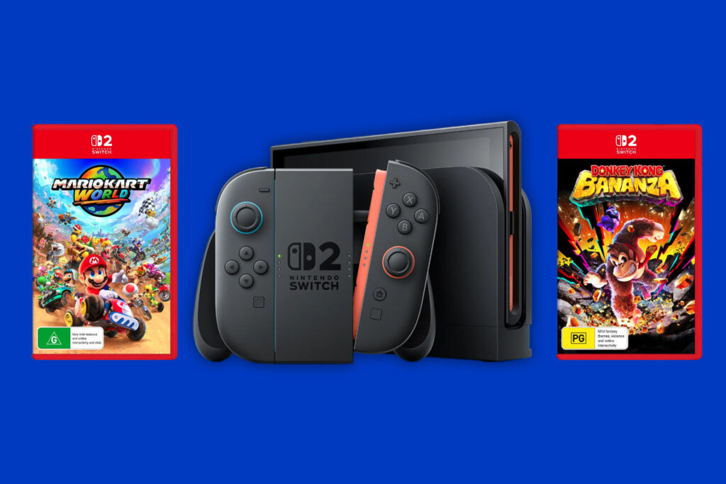 Nintendo Switch 2 game cases for Donkey Kong, Mario Party, and Kirby on Amazon pre-order page