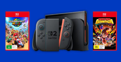 Nintendo Switch 2 game cases for Donkey Kong, Mario Party, and Kirby on Amazon pre-order page