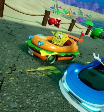 SpongeBob and Patrick race in Sonic Racing: CrossWorlds with Krabby Patty-themed cars on a Bikini Bottom track.