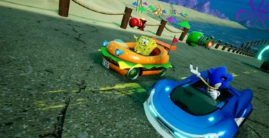 SpongeBob and Patrick race in Sonic Racing: CrossWorlds with Krabby Patty-themed cars on a Bikini Bottom track.