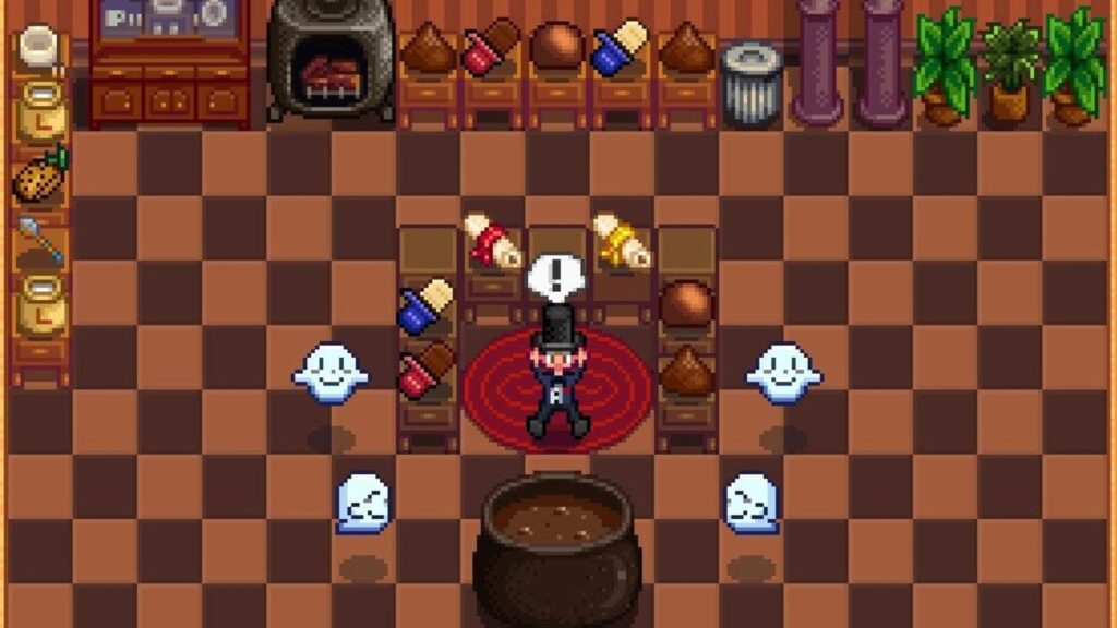 Haunted Chocolatier pixel art showing spooky castle town with fantasy creatures