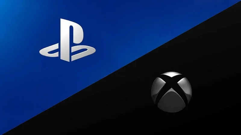 Sony PlayStation and Xbox logos with contrasting futures, symbolizing changing console dynamics