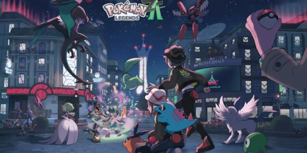 Pokémon Legends: Z-A official cover art with futuristic Lumiose City and Mega Evolution
