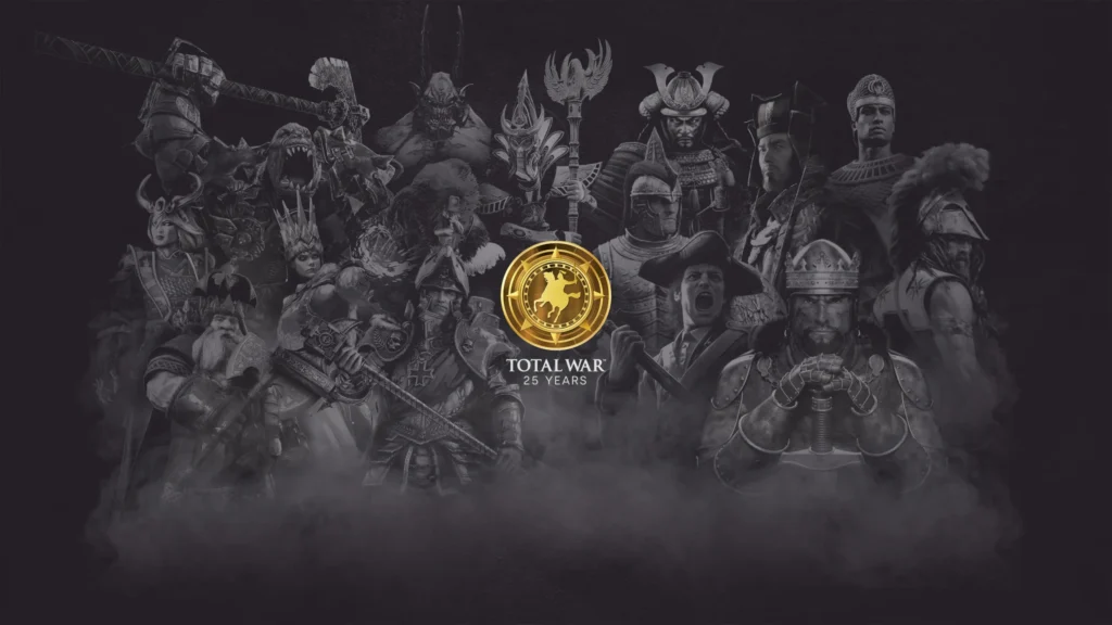 Total War 25th Anniversary official poster featuring characters from Shogun, Rome, and Warhammer