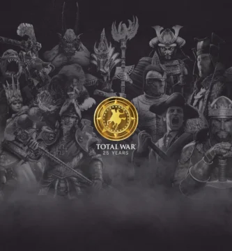 Total War 25th Anniversary official poster featuring characters from Shogun, Rome, and Warhammer