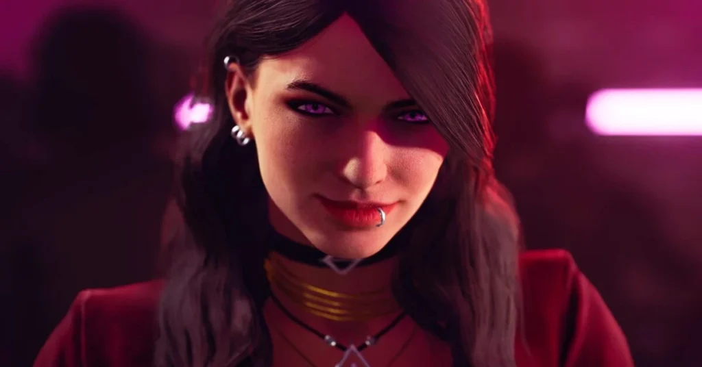 Vampire: The Masquerade – Bloodlines 2 artwork showing a lone vampire in a neon-lit alley
