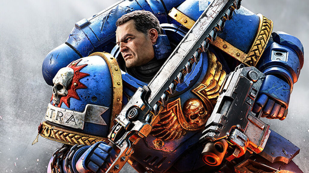 Lieutenant Titus in Warhammer 40,000: Space Marine 2 wielding chainsword against alien enemies
